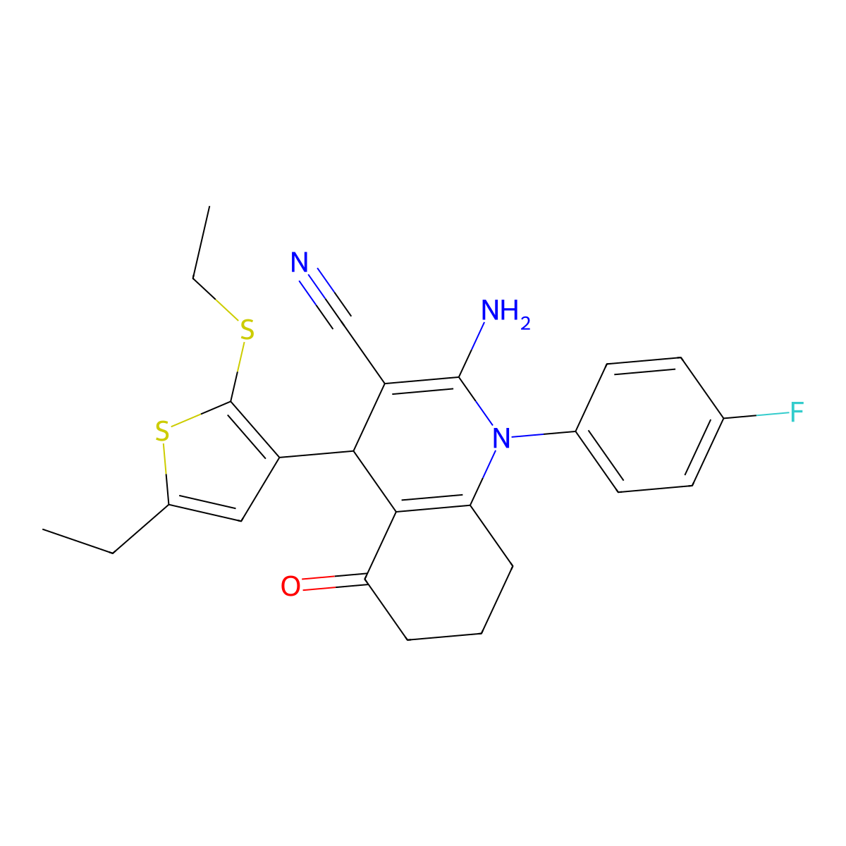 2-Amino-4-[5-ethyl-2-(ethylsulfanyl)-3-thienyl]-1-(4-fluorophenyl)-5-oxo-1,4,5,6,7,8-hexahydro-3-quinolinecarbonitrile molecular structure, CAS 441783-03-5