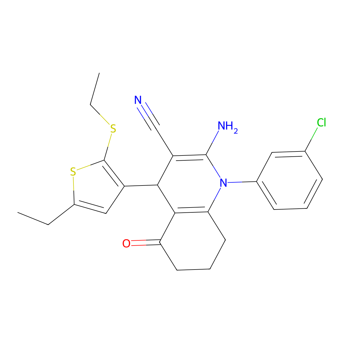 2-Amino-1-(3-chlorophenyl)-4-(5-ethyl-2-(ethylsulfanyl)-3-thienyl)-5-oxo-1,4,5,6,7,8-hexahydro-3-quinolinecarbonitrile molecular structure, CAS 441783-16-0