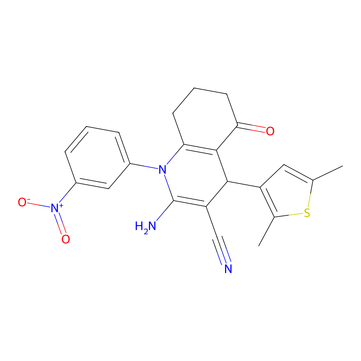 2-Amino-4-(2,5-dimethyl-3-thienyl)-1-(3-nitrophenyl)-5-oxo-1,4,5,6,7,8-hexahydro-3-quinolinecarbonitrile molecular structure, CAS 441783-26-2
