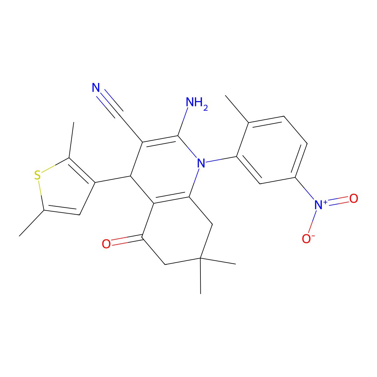 2-Amino-4-(2,5-dimethyl-3-thienyl)-7,7-dimethyl-1-(2-methyl-5-nitrophenyl)-5-oxo-1,4,5,6,7,8-hexahydro-3-quinolinecarbonitrile molecular structure, CAS 441783-41-1
