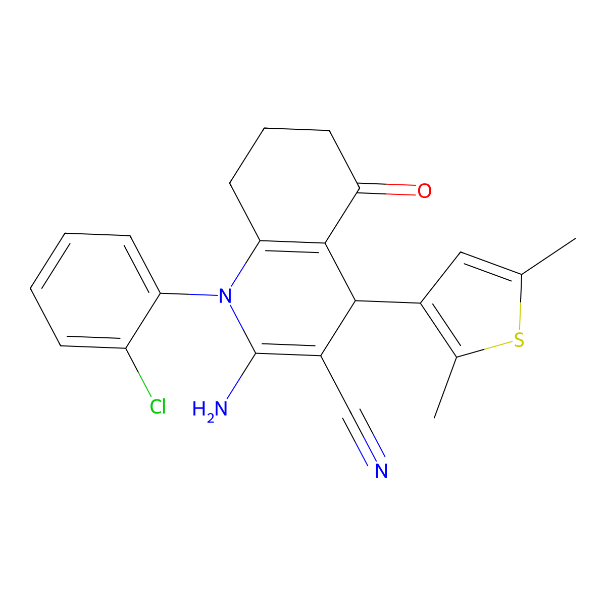 2-Amino-1-(2-chlorophenyl)-4-(2,5-dimethyl-3-thienyl)-5-oxo-1,4,5,6,7,8-hexahydro-3-quinolinecarbonitrile molecular structure, CAS 441783-43-3
