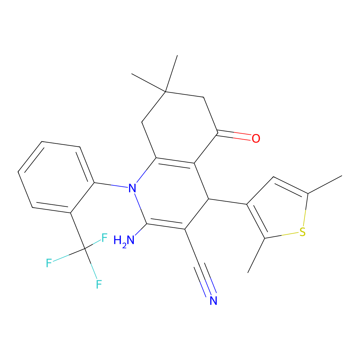 2-Amino-4-(2,5-dimethyl-3-thienyl)-7,7-dimethyl-5-oxo-1-(2-(trifluoromethyl)phenyl)-1,4,5,6,7,8-hexahydro-3-quinolinecarbonitrile molecular structure, CAS 441783-52-4