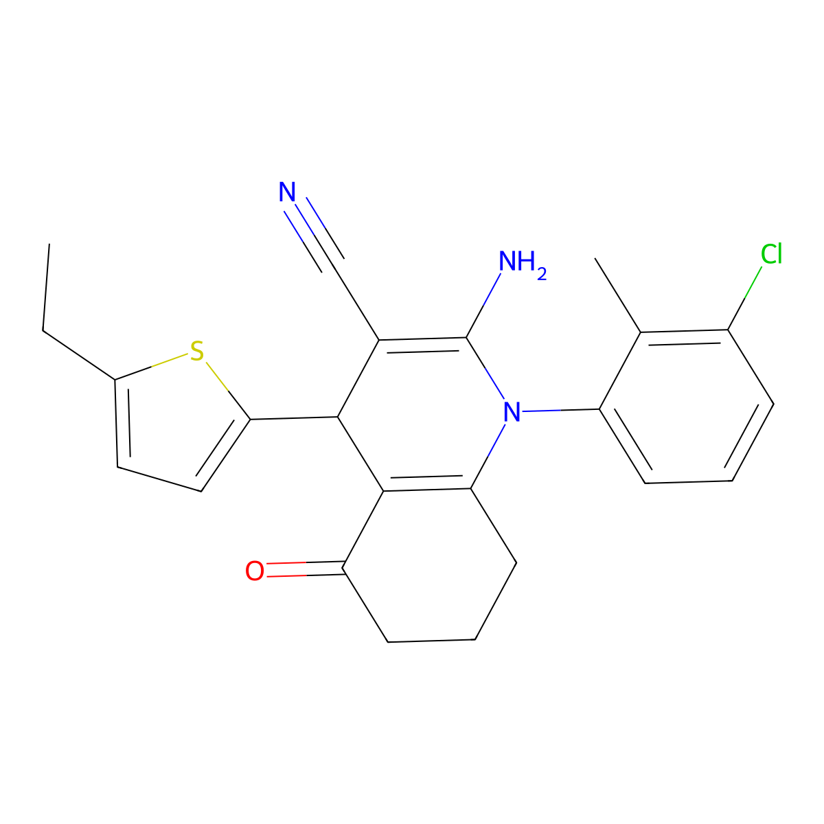 2-Amino-1-(3-chloro-2-methylphenyl)-4-(5-ethyl-2-thienyl)-5-oxo-1,4,5,6,7,8-hexahydro-3-quinolinecarbonitrile molecular structure, CAS 441783-61-5