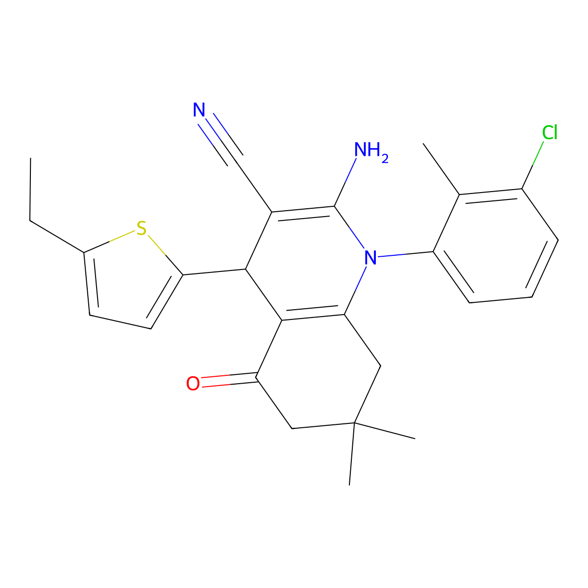 2-Amino-1-(3-chloro-2-methylphenyl)-4-(5-ethyl-2-thienyl)-7,7-dimethyl-5-oxo-1,4,5,6,7,8-hexahydro-3-quinolinecarbonitrile molecular structure, CAS 441783-63-7