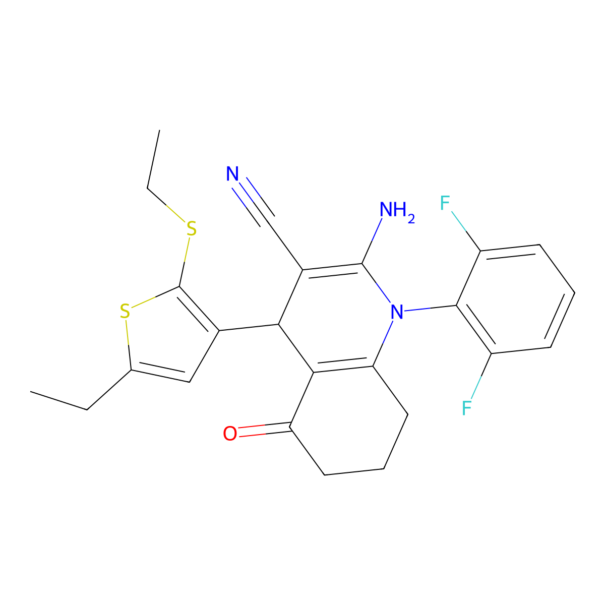 2-Amino-1-(2,6-difluorophenyl)-4-[5-ethyl-2-(ethylsulfanyl)-3-thienyl]-5-oxo-1,4,5,6,7,8-hexahydro-3-quinolinecarbonitrile molecular structure, CAS 441783-67-1