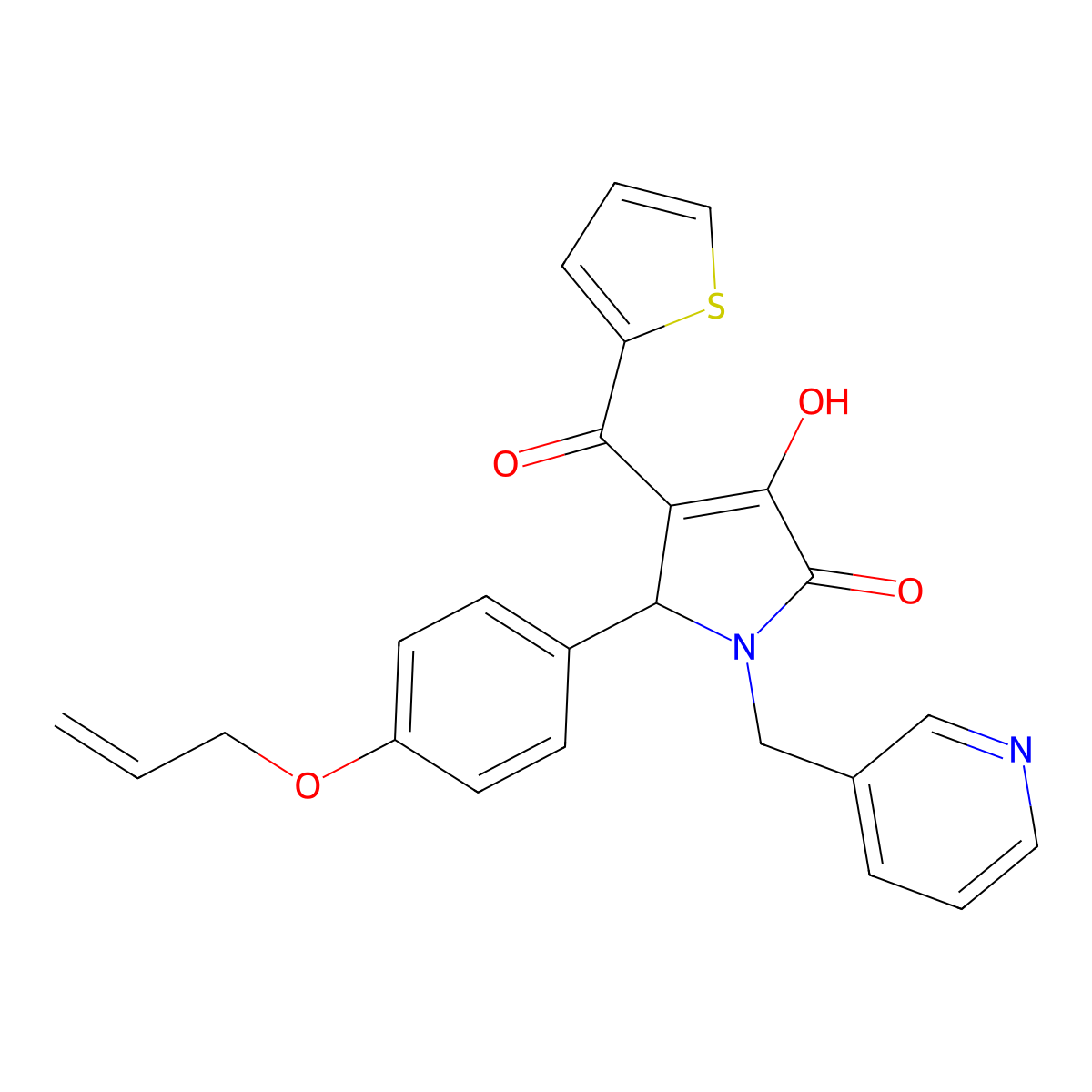 3-hydroxy-5-[4-(prop-2-en-1-yloxy)phenyl]-1-(pyridin-3-ylmethyl)-4-(thiophen-2-ylcarbonyl)-1,5-dihydro-2H-pyrrol-2-one molecular structure, CAS 442149-94-2