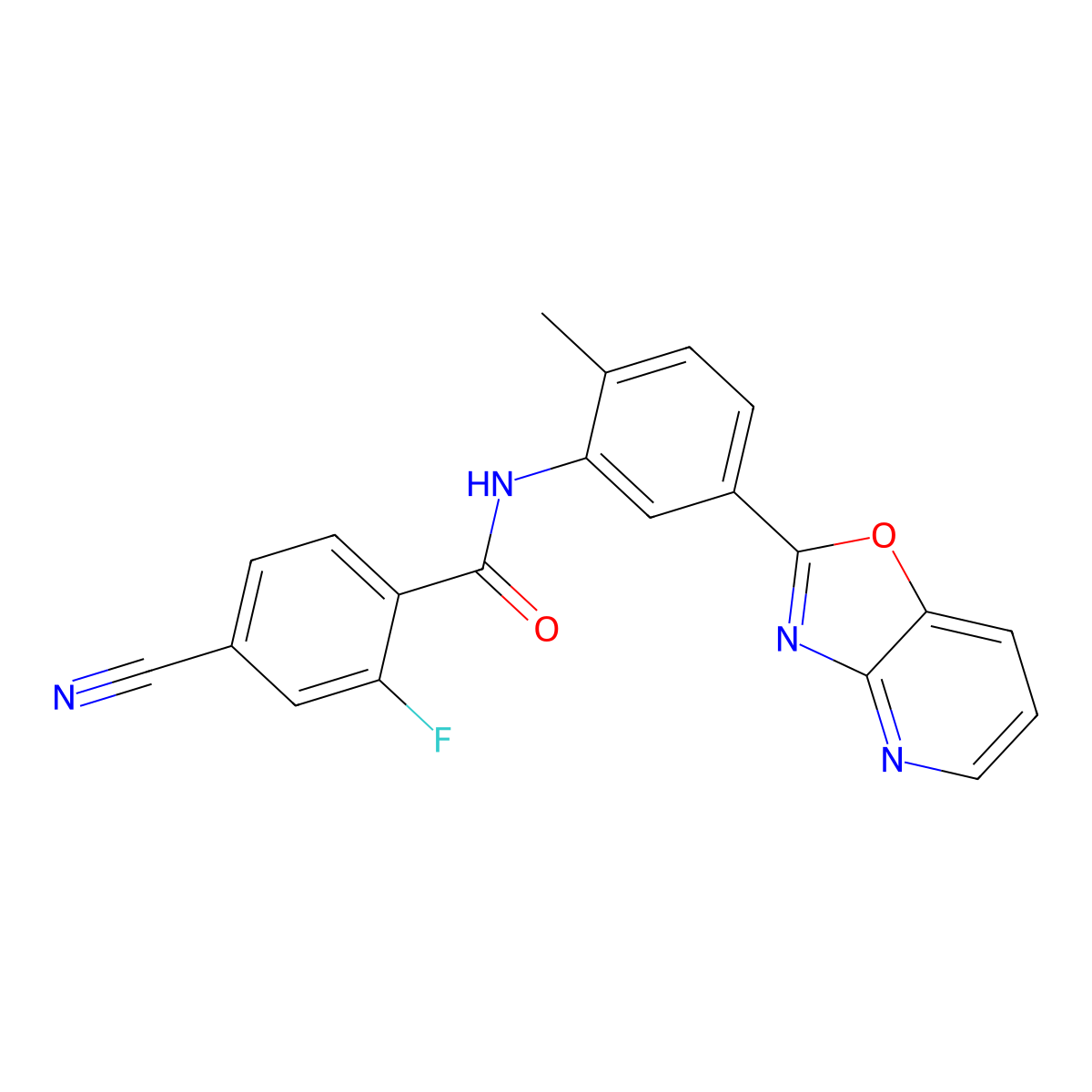 4-cyano-2-fluoro-N-[2-methyl-5-([1,3]oxazolo[4,5-b]pyridin-2-yl)phenyl]benzamide molecular structure, CAS 442152-67-2