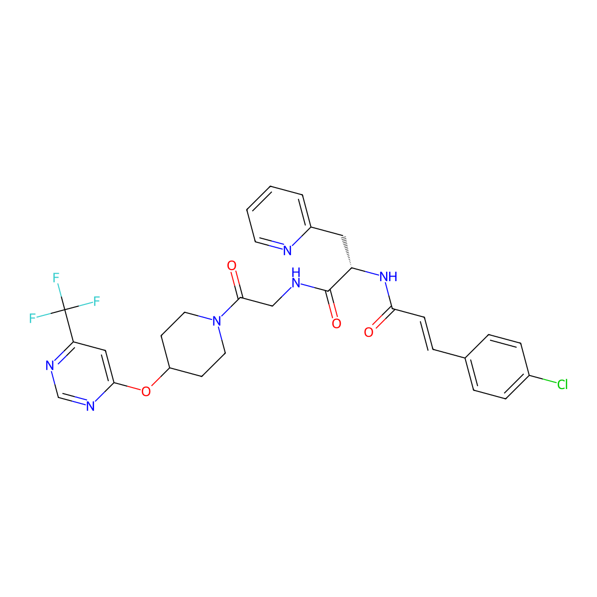 2-Pyridinepropanamide, alpha-(((2E)-3-(4-chlorophenyl)-1-oxo-2-propen-1-yl)amino)-N-(2-oxo-2-(4-((6-(trifluoromethyl)-4-pyrimidinyl)oxy)-1-piperidinyl)ethyl)-, (alphaS)- molecular structure, CAS 442198-67-6
