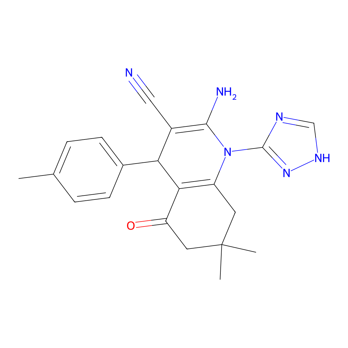 2-amino-7,7-dimethyl-4-(4-methylphenyl)-5-oxo-1-(1H-1,2,4-triazol-3-yl)-1,4,5,6,7,8-hexahydro-3-quinolinecarbonitrile molecular structure, CAS 442522-76-1