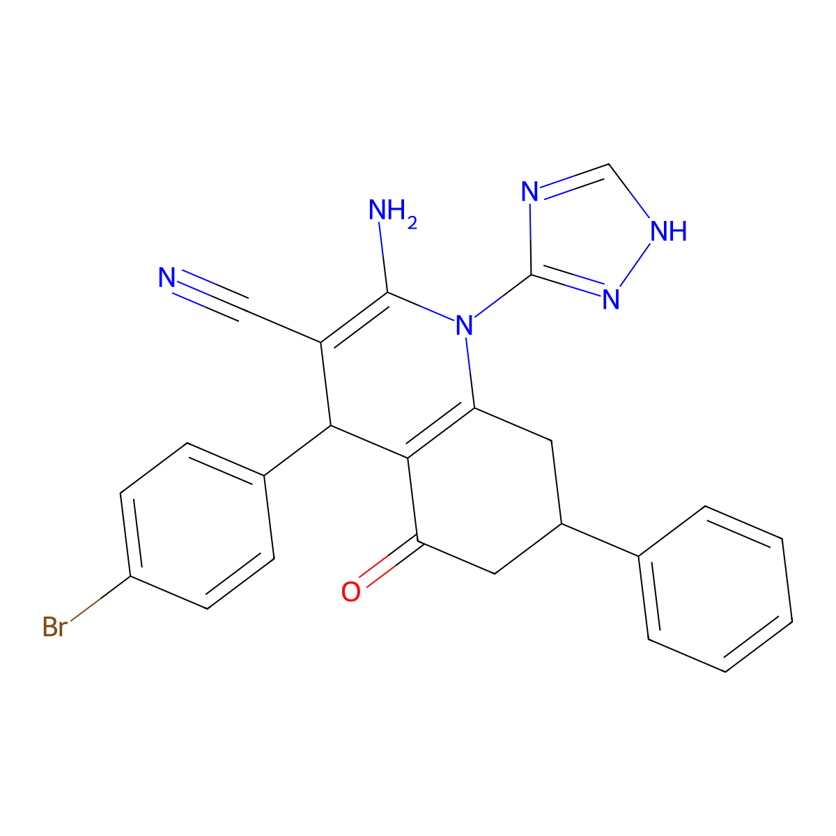 2-Amino-4-(4-bromophenyl)-5-oxo-7-phenyl-1-(1H-1,2,4-triazol-5-YL)-1,4,5,6,7,8-hexahydro-3-quinolinecarbonitrile molecular structure, CAS 442522-89-6