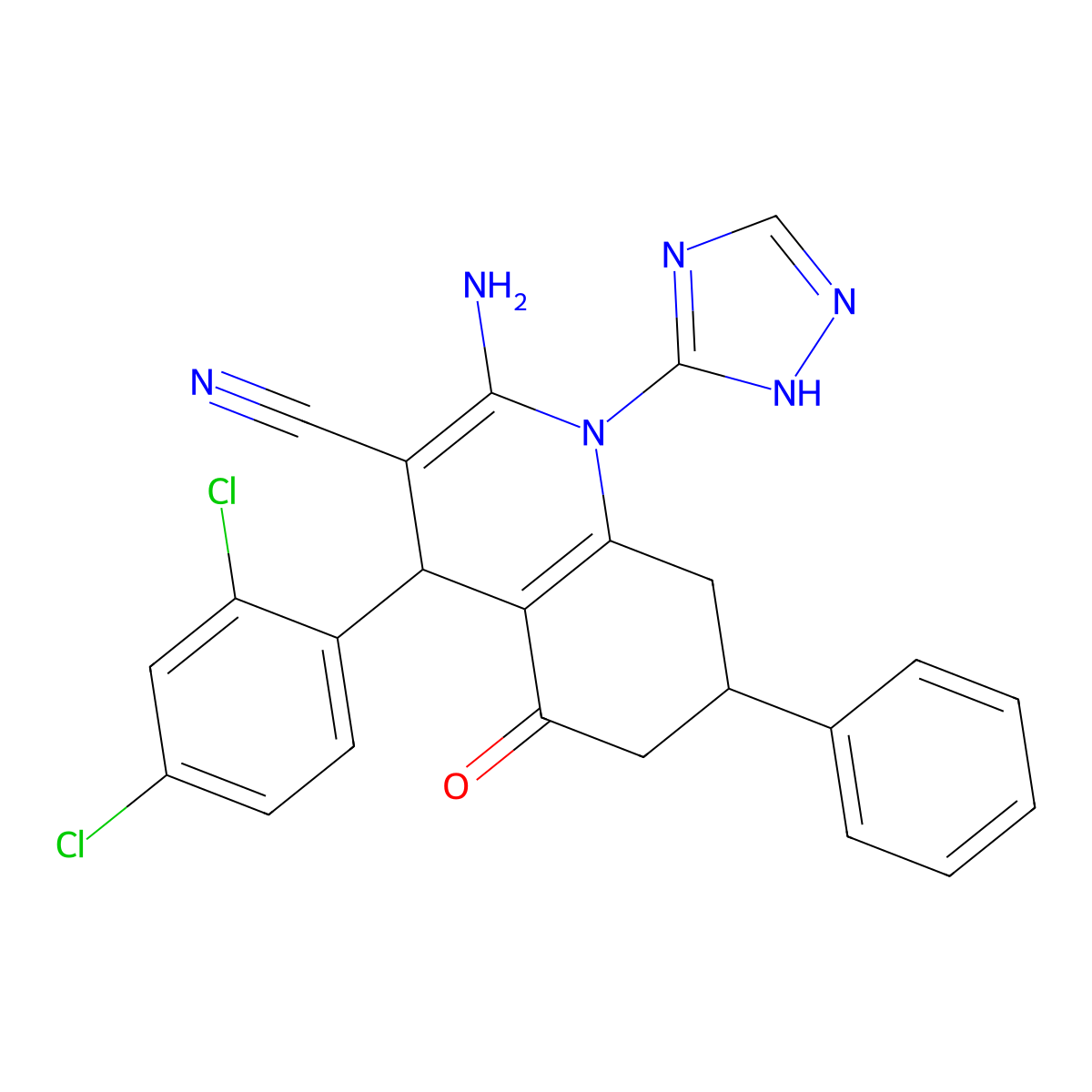2-Amino-4-(2,4-dichlorophenyl)-5-oxo-7-phenyl-1-(1H-1,2,4-triazol-5-YL)-1,4,5,6,7,8-hexahydro-3-quinolinecarbonitrile molecular structure, CAS 442523-17-3