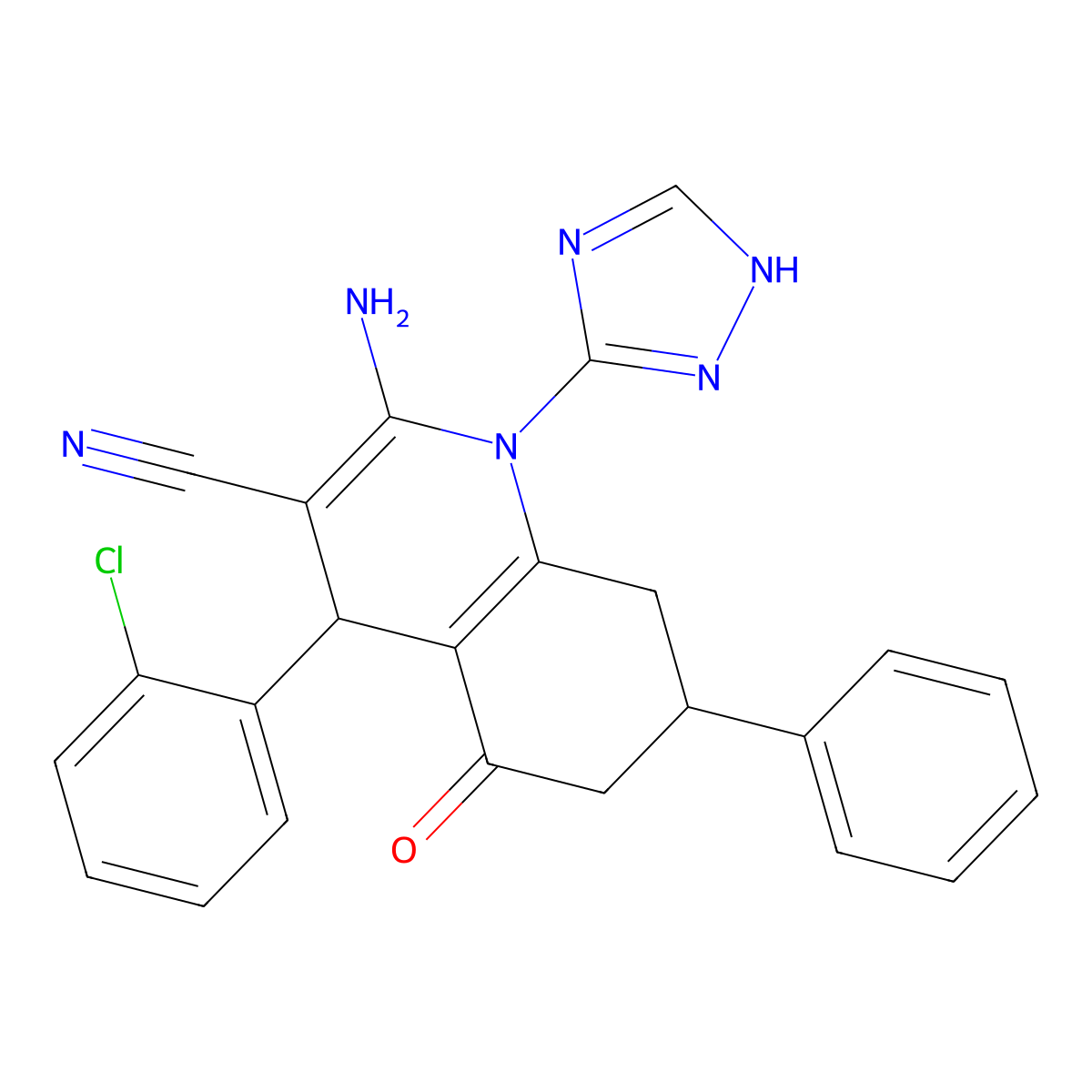 2-Amino-4-(2-chlorophenyl)-5-oxo-7-phenyl-1-(1H-1,2,4-triazol-5-YL)-1,4,5,6,7,8-hexahydro-3-quinolinecarbonitrile molecular structure, CAS 442523-22-0