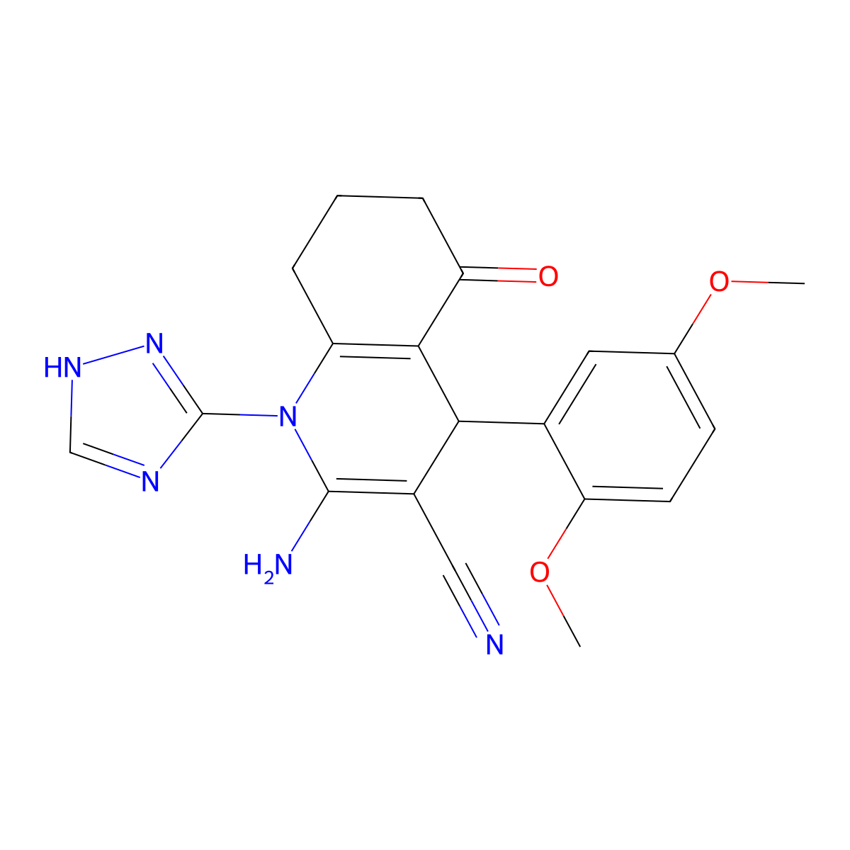 2-Amino-4-(2,5-dimethoxyphenyl)-5-oxo-1-(1H-1,2,4-triazol-5-YL)-1,4,5,6,7,8-hexahydro-3-quinolinecarbonitrile molecular structure, CAS 442523-47-9
