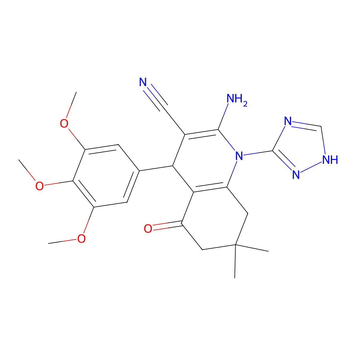 2-amino-7,7-dimethyl-5-oxo-1-(1H-1,2,4-triazol-3-yl)-4-(3,4,5-trimethoxyphenyl)-1,4,5,6,7,8-hexahydro-3-quinolinecarbonitrile molecular structure, CAS 442523-62-8