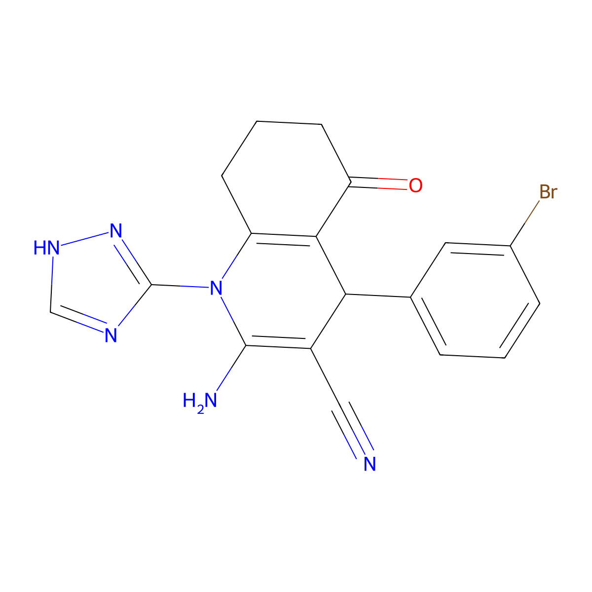 2-amino-4-(3-bromophenyl)-5-oxo-1-(1H-1,2,4-triazol-5-yl)-4,6,7,8-tetrahydroquinoline-3-carbonitrile molecular structure, CAS 442523-66-2