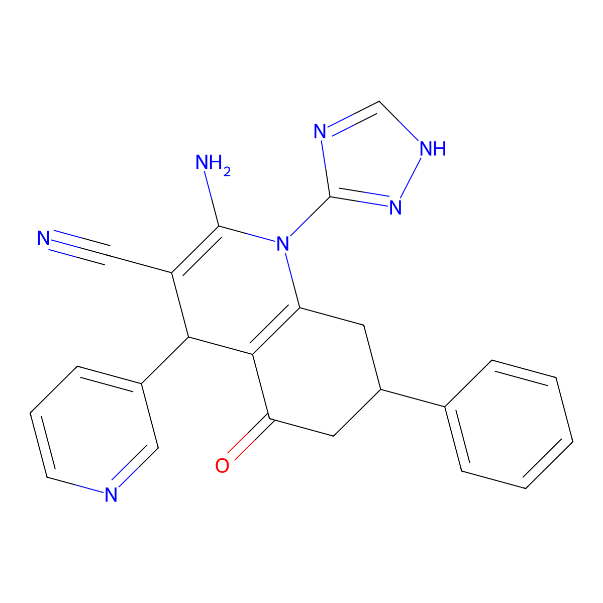 2-amino-5-oxo-7-phenyl-4-pyridin-3-yl-1-(1H-1,2,4-triazol-5-yl)-4,6,7,8-tetrahydroquinoline-3-carbonitrile molecular structure, CAS 442523-85-5