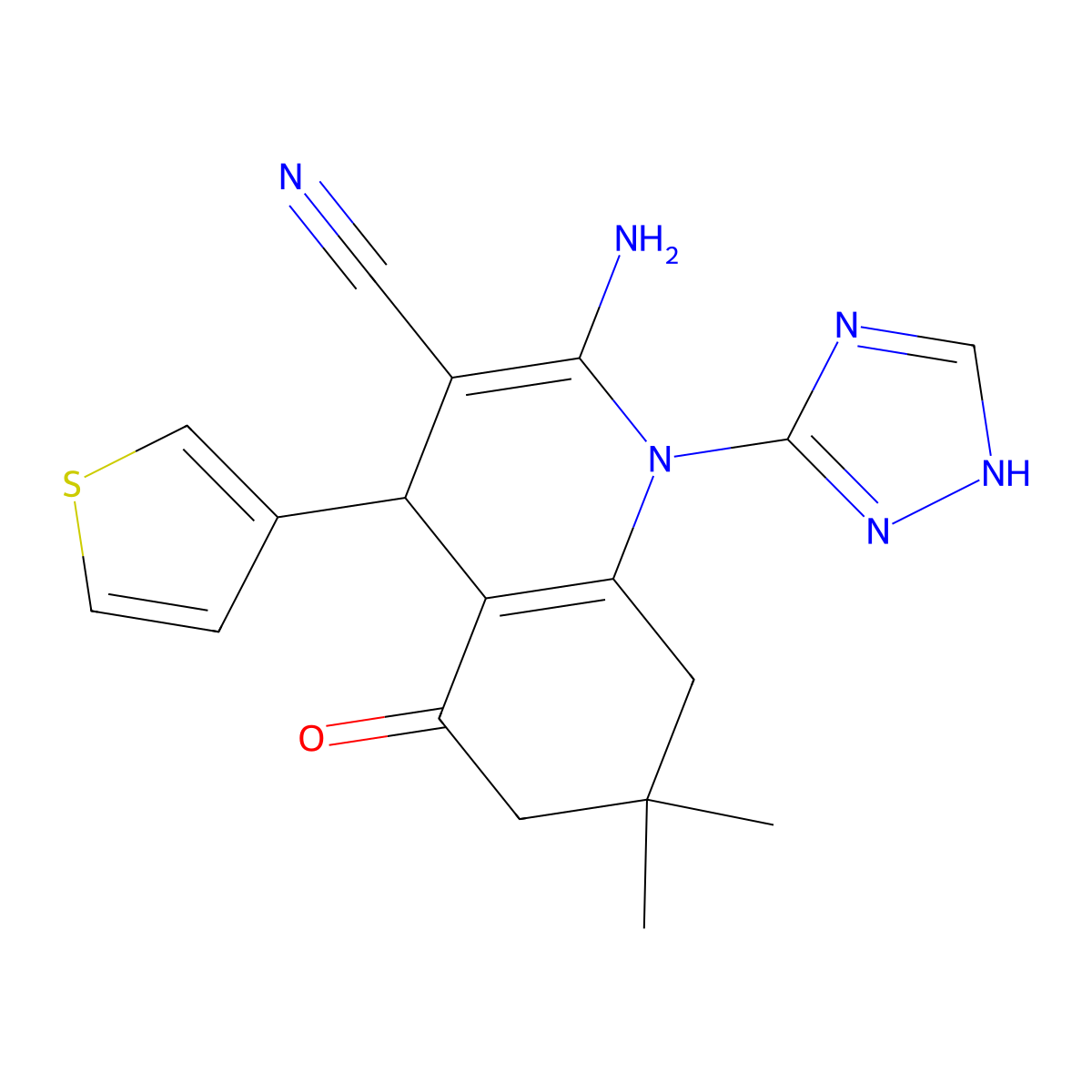 2-amino-7,7-dimethyl-5-oxo-4-thiophen-3-yl-1-(1H-1,2,4-triazol-5-yl)-6,8-dihydro-4H-quinoline-3-carbonitrile molecular structure, CAS 442523-89-9
