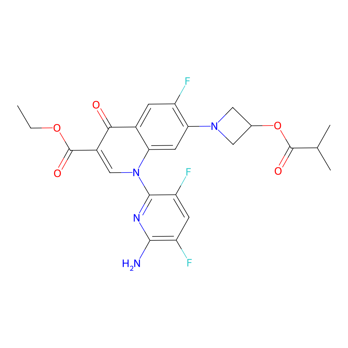 Ethyl 1-(6-amino-3,5-difluoropyridin-2-yl)-6-fluoro-7-(3-(isobutyryloxy)azetidin-1-yl)-4-oxo-1,4-dihydroquinoline-3-carboxylate molecular structure, CAS 442526-91-2