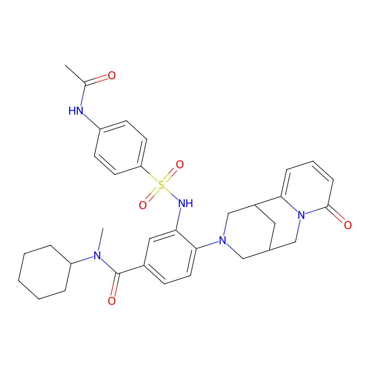 3-(4-acetamidophenylsulfonamido)-N-cyclohexyl-N-methyl-4-(8-oxo-5,6-dihydro-1H-1,5-methanopyrido[1,2-a][1,5]diazocin-3(2H,4H,8H)-yl)benzamide molecular structure, CAS 442532-17-4