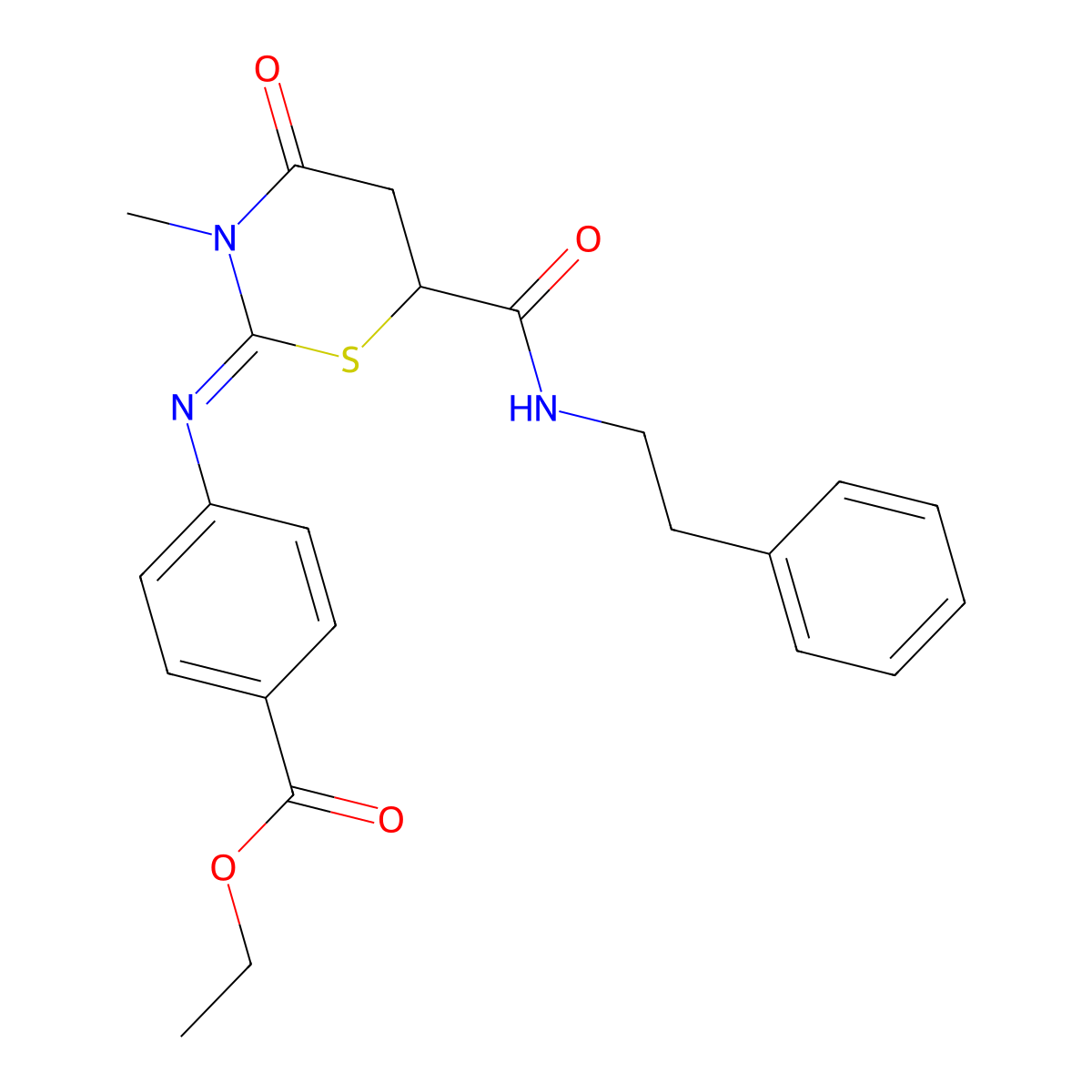 Ethyl 4-[(3-methyl-4-oxo-6-{[(2-phenylethyl)amino]carbonyl}-1,3-thiazinan-2-ylidene)amino]benzoate molecular structure, CAS 442536-26-7