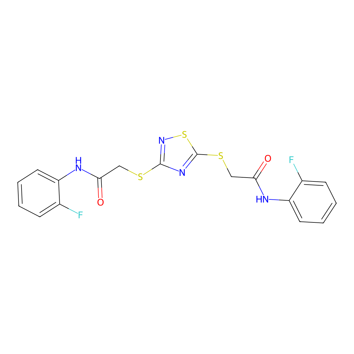 2-((3-((2-(2-Fluoroanilino)-2-oxoethyl)sulfanyl)-1,2,4-thiadiazol-5-YL)sulfanyl)-N-(2-fluorophenyl)acetamide molecular structure, CAS 442537-18-0