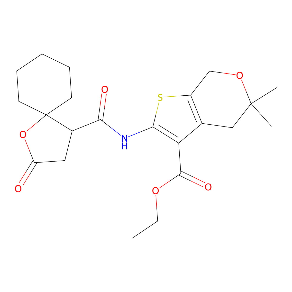 ethyl 5,5-dimethyl-2-(2-oxo-1-oxaspiro[4.5]decane-4-carboxamido)-5,7-dihydro-4H-thieno[2,3-c]pyran-3-carboxylate molecular structure, CAS 442552-84-3