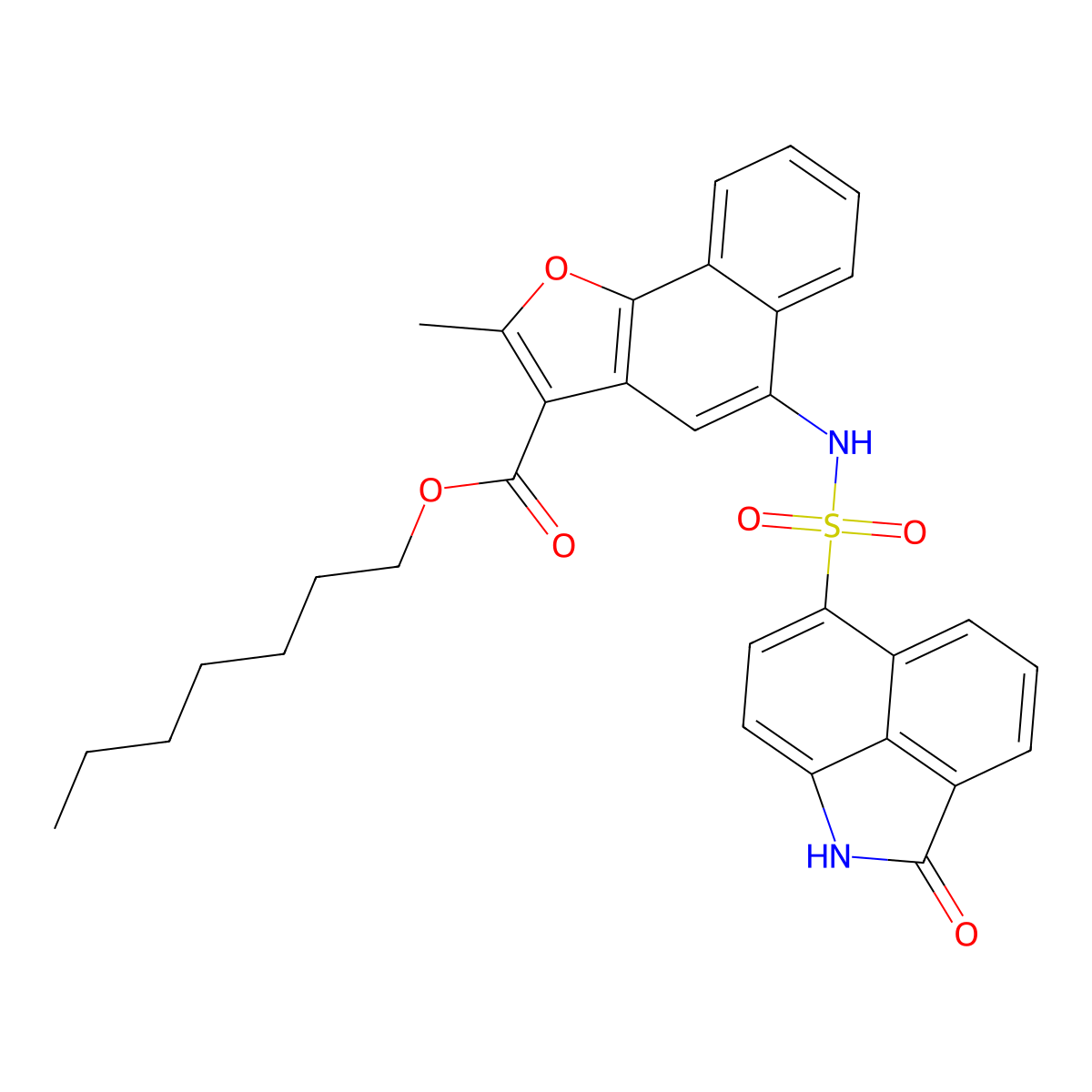 Heptyl 2-methyl-5-(2-oxo-1,2-dihydrobenzo[cd]indole-6-sulfonamido)naphtho[1,2-b]furan-3-carboxylate molecular structure, CAS 442553-55-1