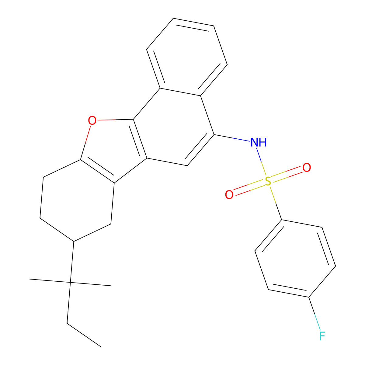 4-fluoro-N-(8-(tert-pentyl)-7,8,9,10-tetrahydronaphtho[1,2-b]benzofuran-5-yl)benzenesulfonamide molecular structure, CAS 442553-67-5