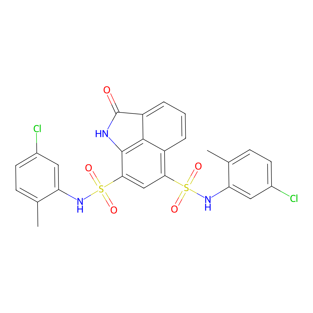 N9,N11-bis(5-chloro-2-methylphenyl)-3-oxo-2-azatricyclo[6.3.1.0^{4,12}]dodeca-1(11),4,6,8(12),9-pentaene-9,11-disulfonamide molecular structure, CAS 442553-70-0