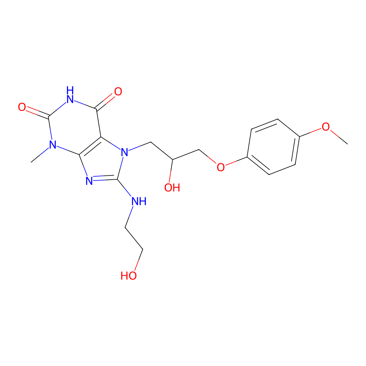 7-(2-hydroxy-3-(4-methoxyphenoxy)propyl)-8-((2-hydroxyethyl)amino)-3-methyl-1H-purine-2,6(3H,7H)-dione molecular structure, CAS 442555-94-4