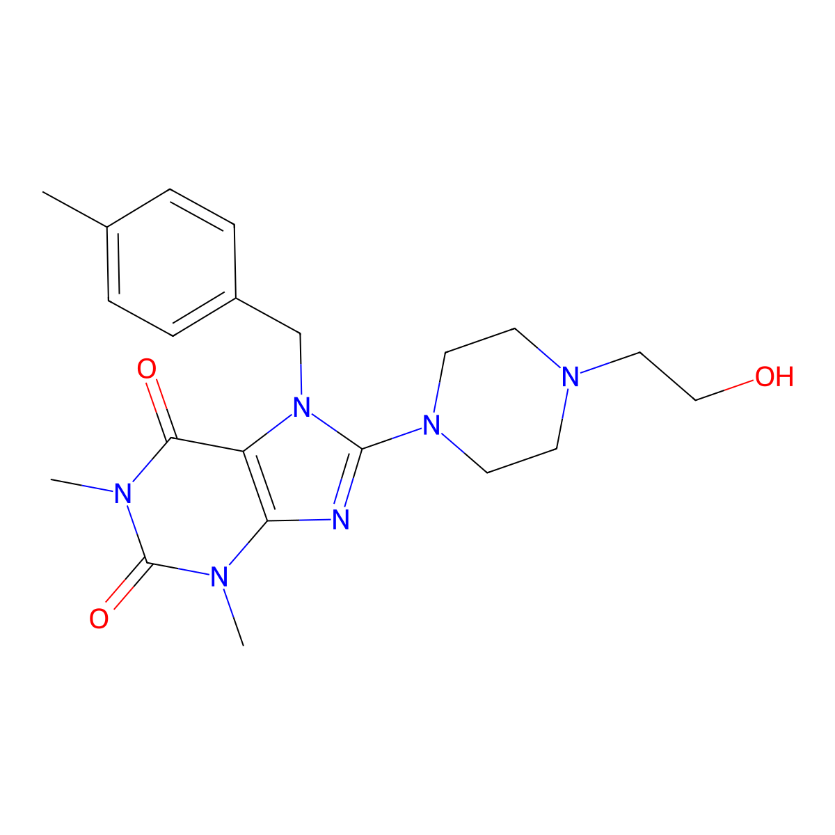 8-(4-(2-hydroxyethyl)piperazin-1-yl)-1,3-dimethyl-7-(4-methylbenzyl)-1H-purine-2,6(3H,7H)-dione molecular structure, CAS 442555-98-8