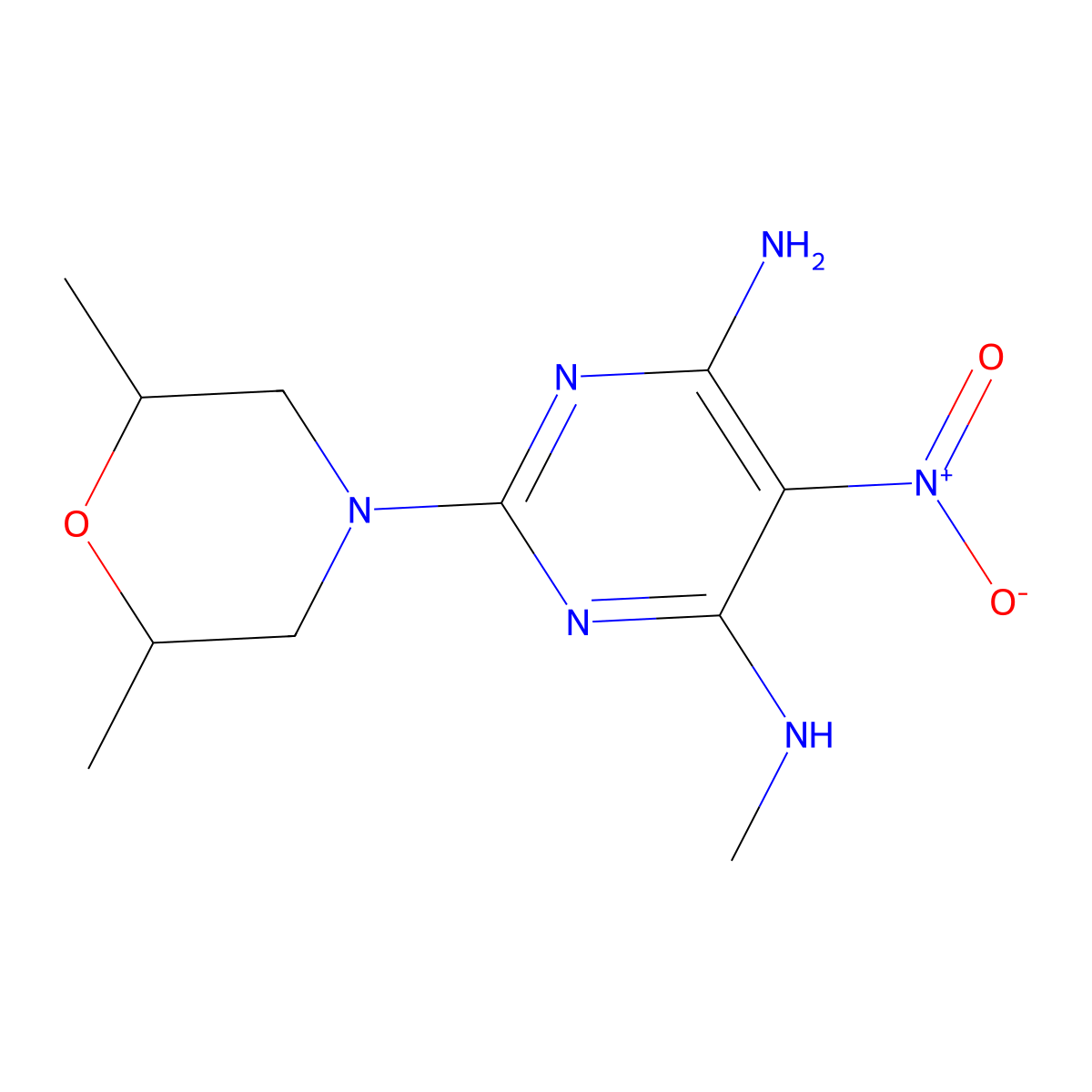 2-(2,6-dimethylmorpholin-4-yl)-N-methyl-5-nitropyrimidine-4,6-diamine molecular structure, CAS 442556-01-6
