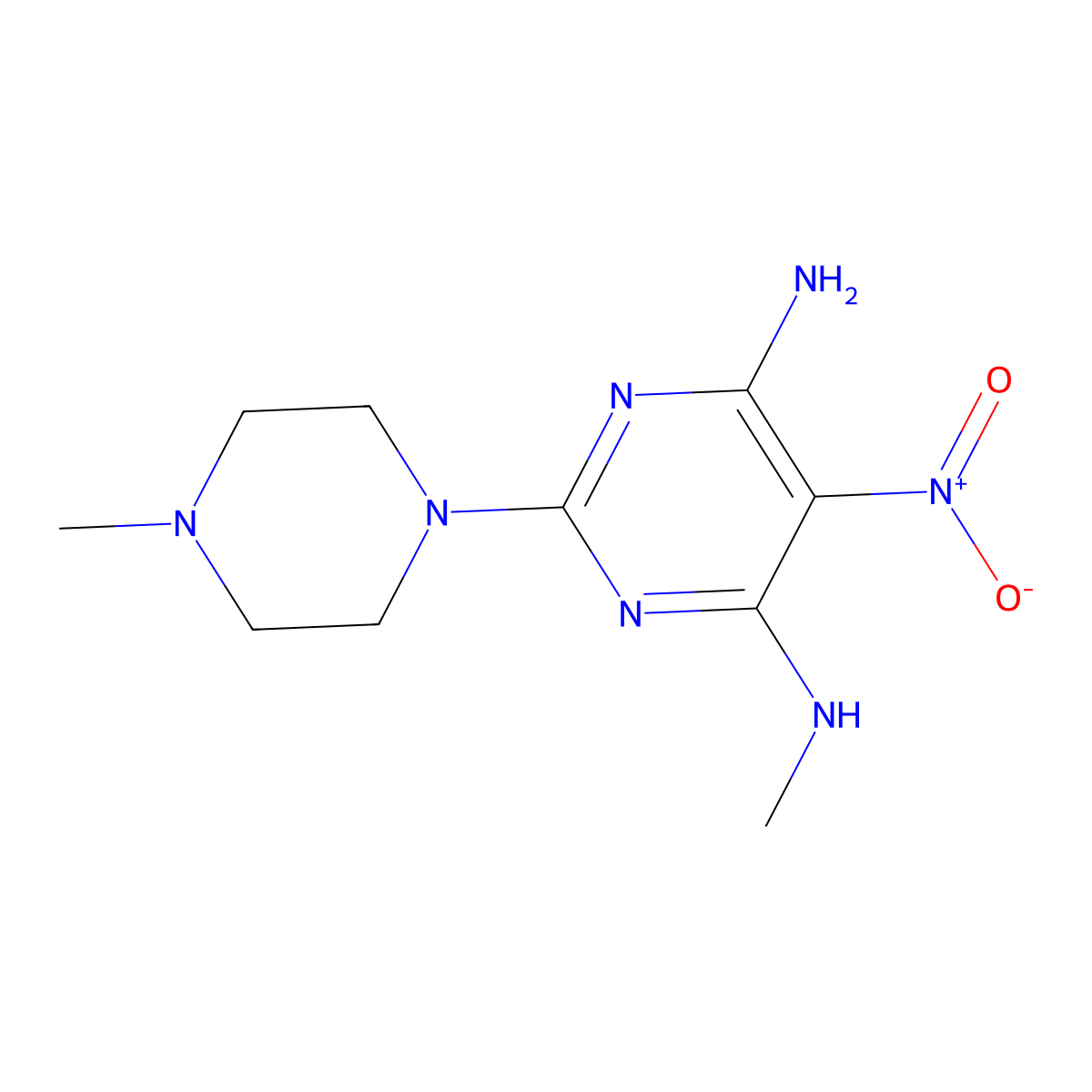 N4-methyl-2-(4-methylpiperazin-1-yl)-5-nitropyrimidine-4,6-diamine molecular structure, CAS 442556-02-7