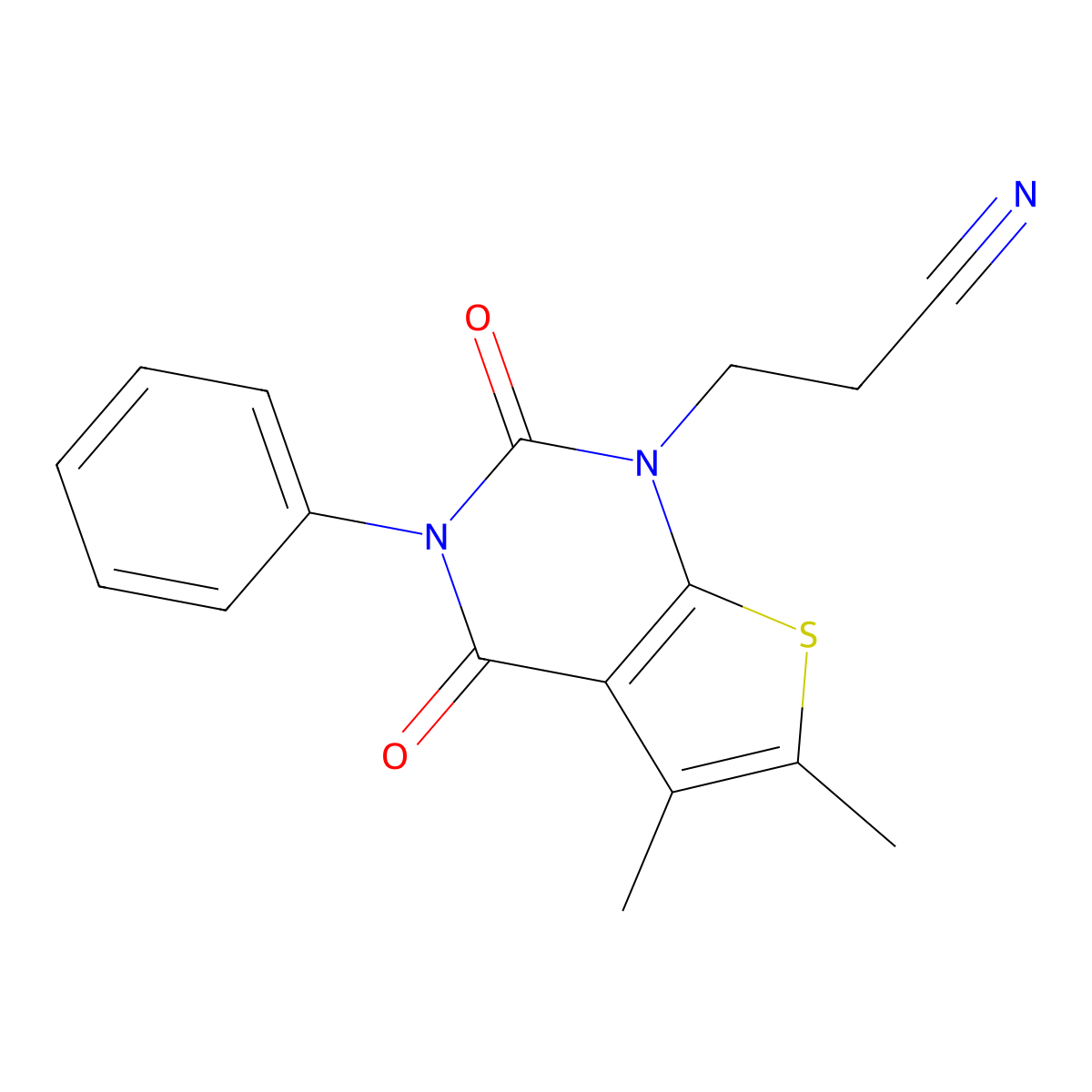 3-(5,6-dimethyl-2,4-dioxo-3-phenyl-3,4-dihydrothieno[2,3-d]pyrimidin-1(2H)-yl)propanenitrile molecular structure, CAS 442556-08-3