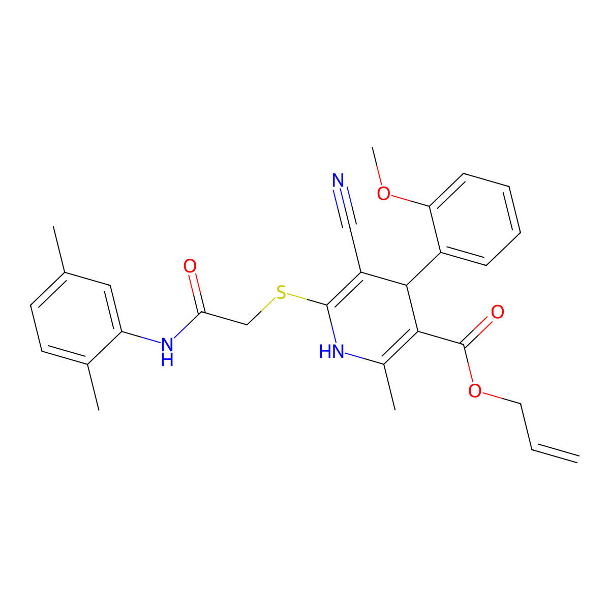Prop-2-enyl 5-cyano-6-[2-(2,5-dimethylanilino)-2-oxoethyl]sulfanyl-4-(2-methoxyphenyl)-2-methyl-1,4-dihydropyridine-3-carboxylate molecular structure, CAS 442556-21-0