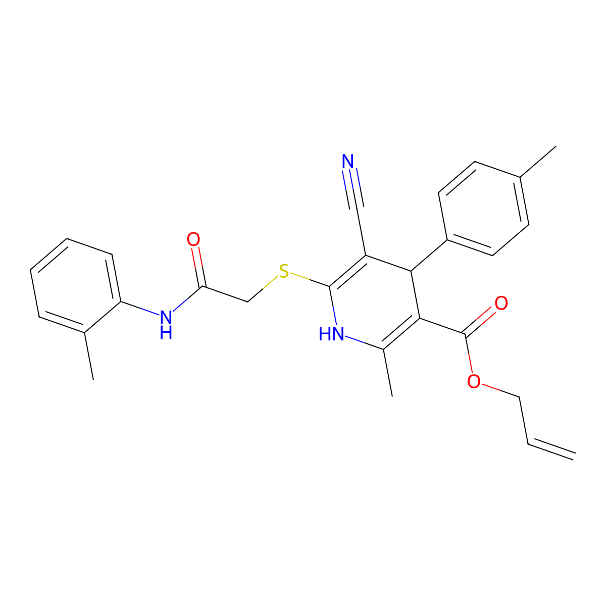 Allyl 5-cyano-2-methyl-6-((2-oxo-2-(o-tolylamino)ethyl)thio)-4-(p-tolyl)-1,4-dihydropyridine-3-carboxylate molecular structure, CAS 442556-22-1