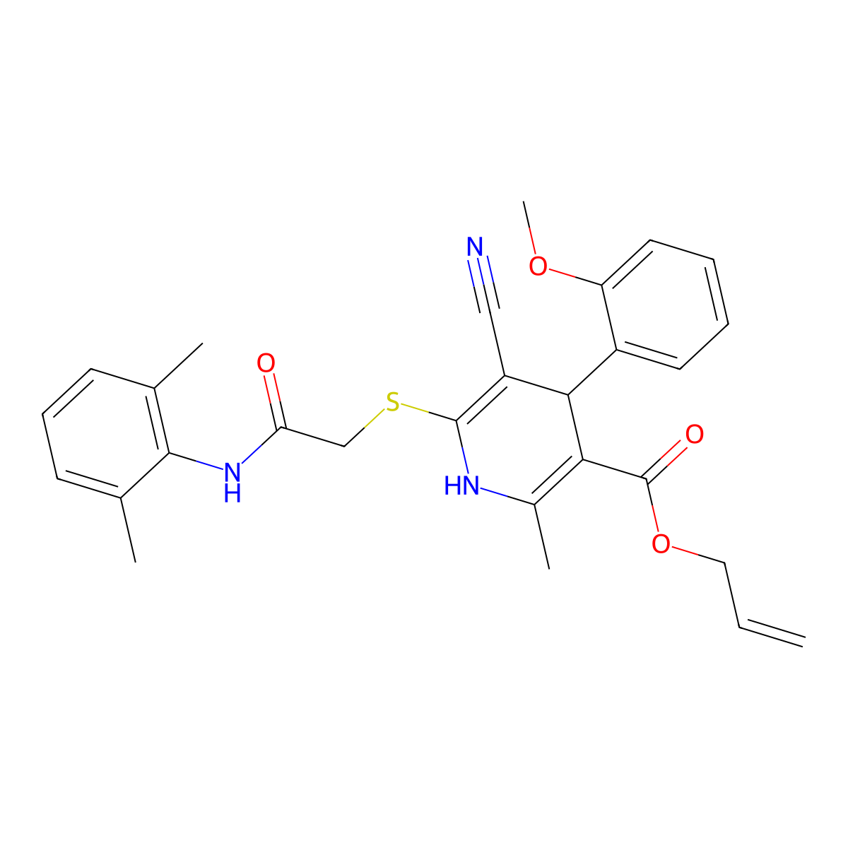 Allyl 5-cyano-6-((2-((2,6-dimethylphenyl)amino)-2-oxoethyl)thio)-4-(2-methoxyphenyl)-2-methyl-1,4-dihydropyridine-3-carboxylate molecular structure, CAS 442556-23-2