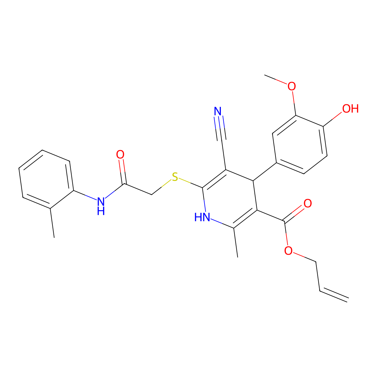 Allyl 5-cyano-4-(4-hydroxy-3-methoxyphenyl)-2-methyl-6-((2-oxo-2-(o-tolylamino)ethyl)thio)-1,4-dihydropyridine-3-carboxylate molecular structure, CAS 442556-24-3