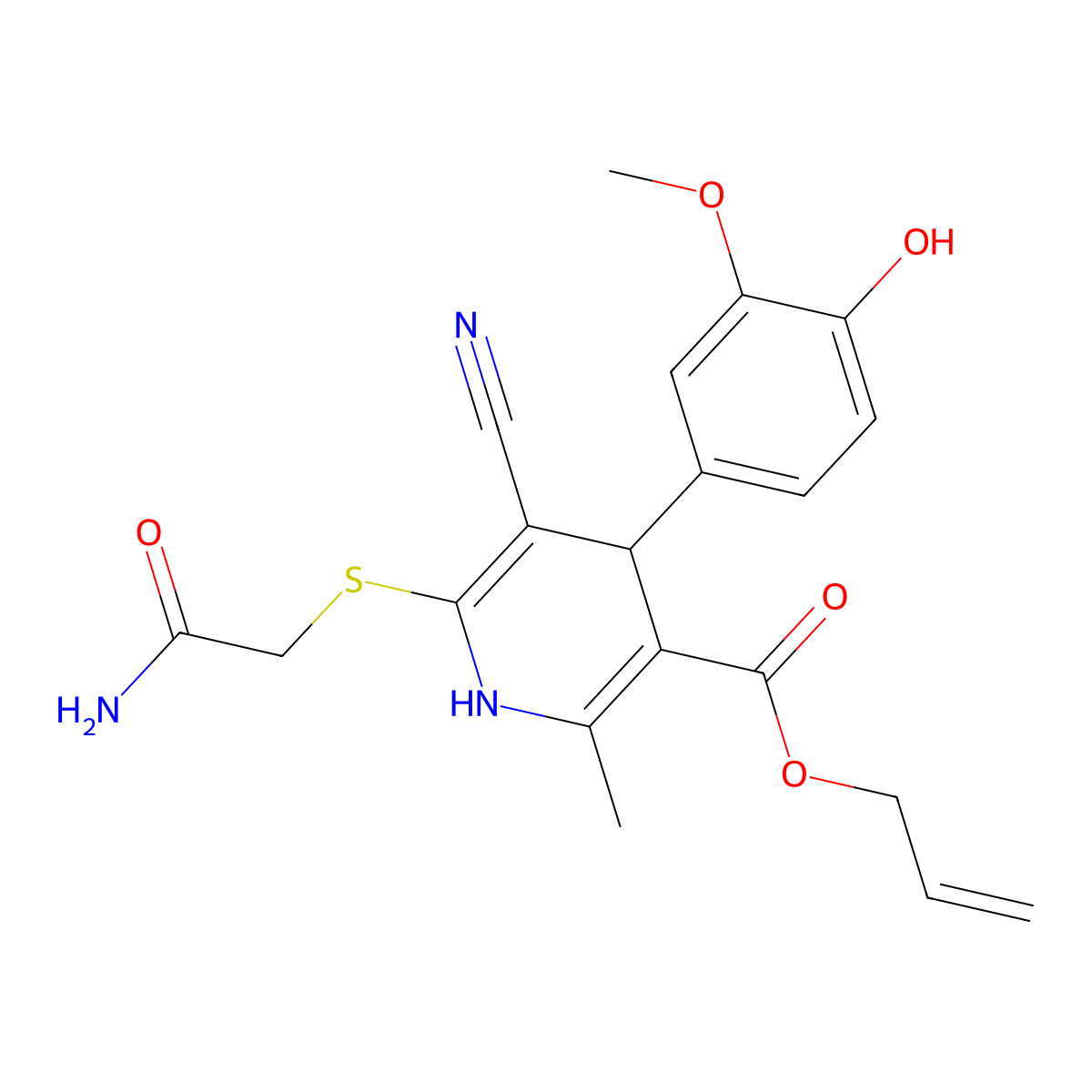 Allyl 6-((2-amino-2-oxoethyl)thio)-5-cyano-4-(4-hydroxy-3-methoxyphenyl)-2-methyl-1,4-dihydropyridine-3-carboxylate molecular structure, CAS 442556-26-5