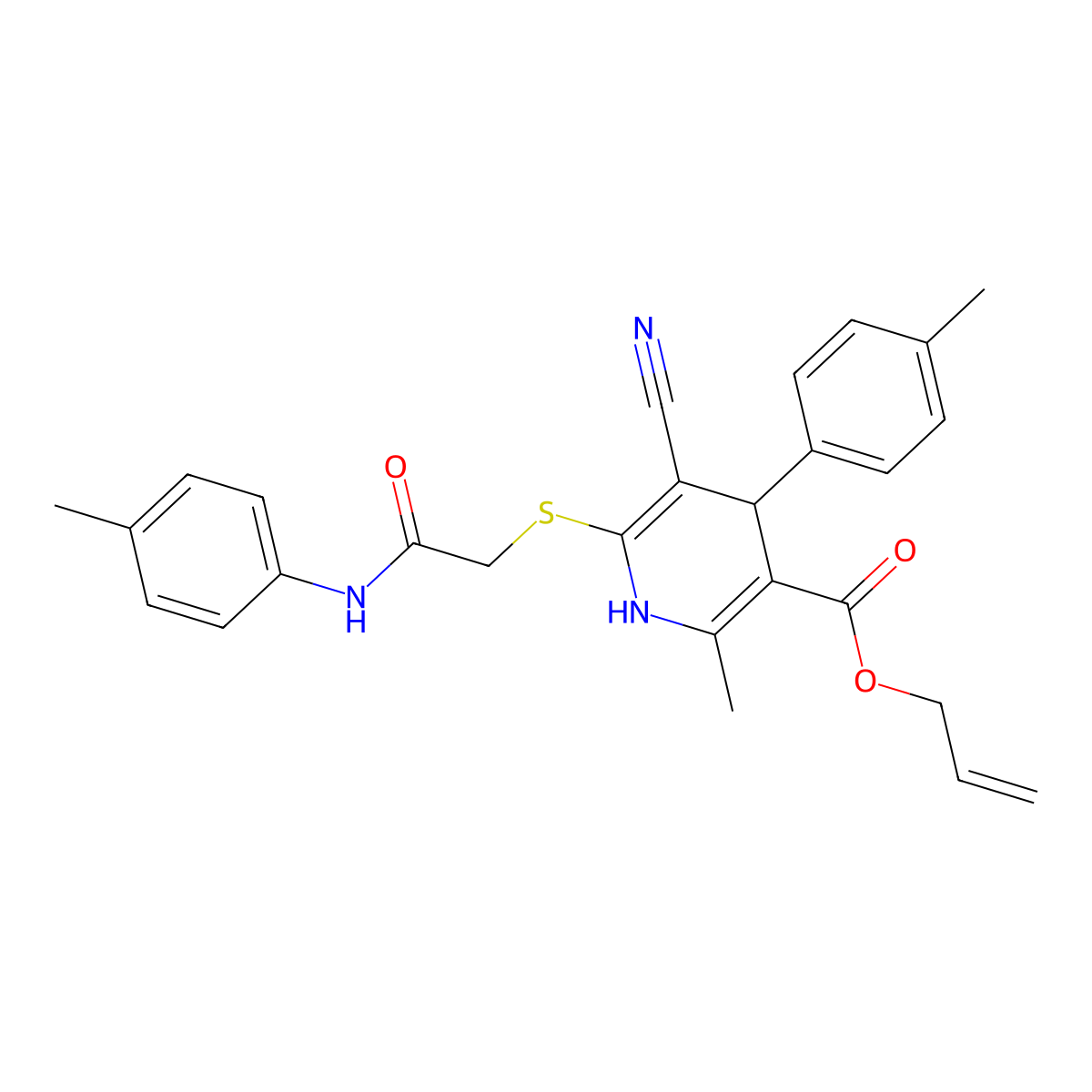 Allyl 5-cyano-2-methyl-6-((2-oxo-2-(p-tolylamino)ethyl)thio)-4-(p-tolyl)-1,4-dihydropyridine-3-carboxylate molecular structure, CAS 442556-33-4