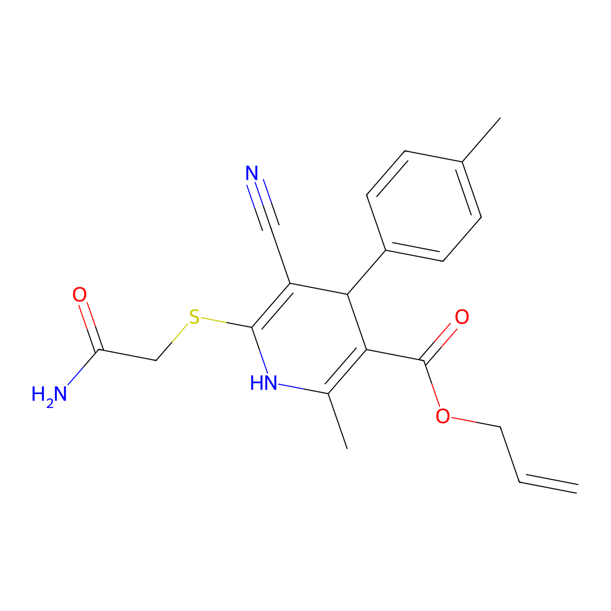 6-Carbamoylmethylsulfanyl-5-cyano-2-methyl-4-p-tolyl-1,4-dihydro-pyridine-3-carboxylic acid allyl ester molecular structure, CAS 442556-34-5