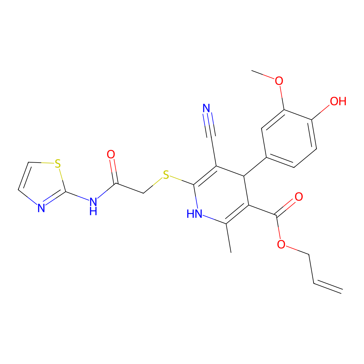 Allyl 5-cyano-4-(4-hydroxy-3-methoxyphenyl)-2-methyl-6-((2-oxo-2-(thiazol-2-ylamino)ethyl)thio)-1,4-dihydropyridine-3-carboxylate molecular structure, CAS 442556-38-9