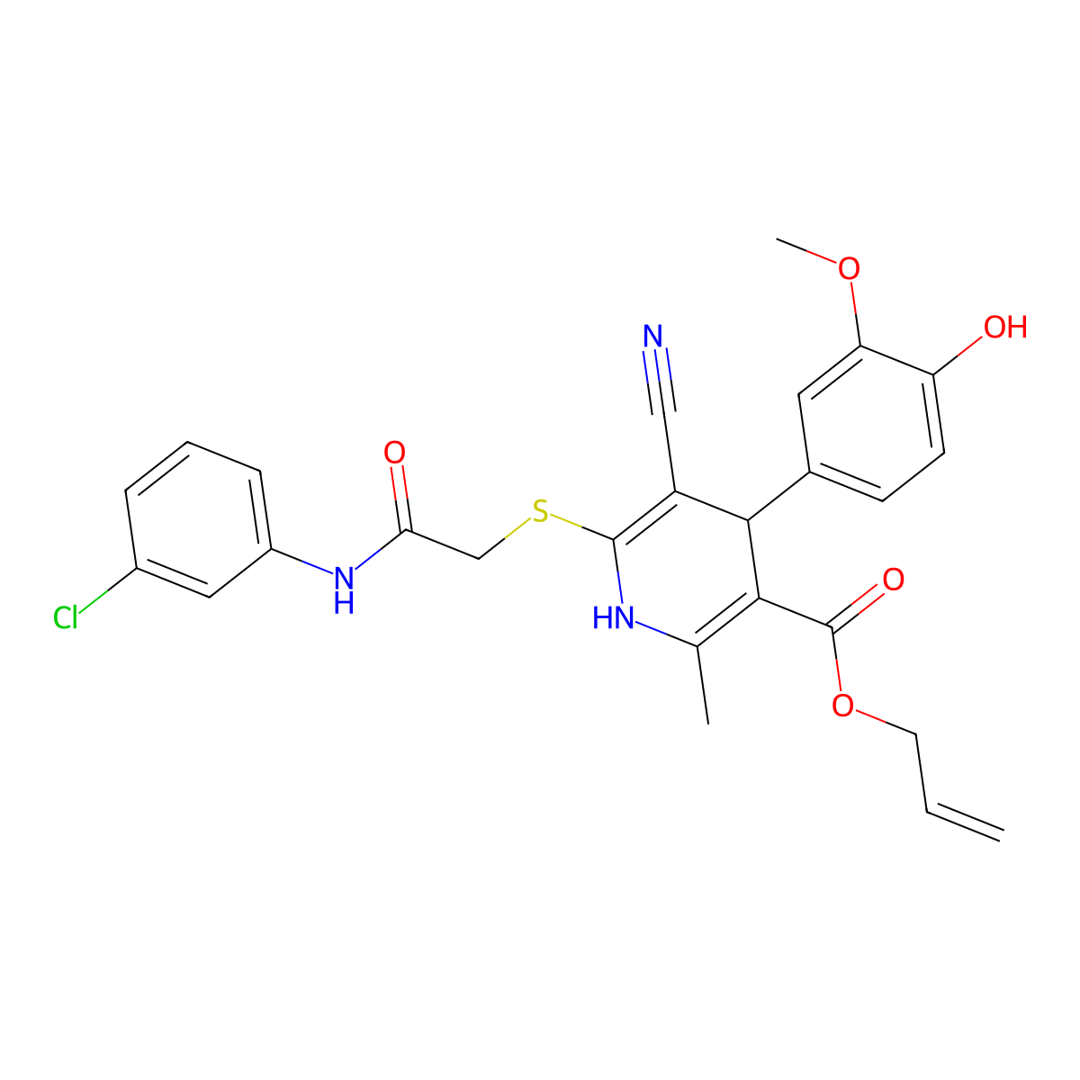 Allyl 6-((2-((3-chlorophenyl)amino)-2-oxoethyl)thio)-5-cyano-4-(4-hydroxy-3-methoxyphenyl)-2-methyl-1,4-dihydropyridine-3-carboxylate molecular structure, CAS 442556-40-3