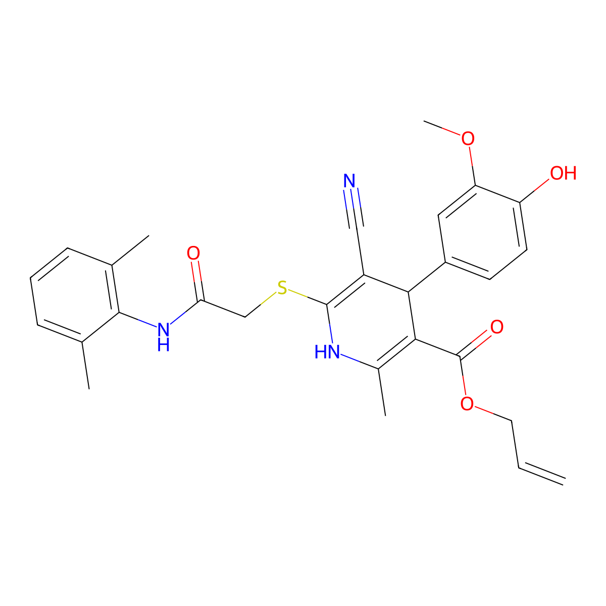 Allyl 5-cyano-6-((2-((2,6-dimethylphenyl)amino)-2-oxoethyl)thio)-4-(4-hydroxy-3-methoxyphenyl)-2-methyl-1,4-dihydropyridine-3-carboxylate molecular structure, CAS 442556-41-4