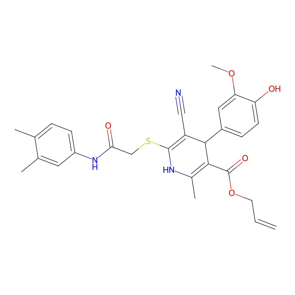 Allyl 5-cyano-6-((2-((3,4-dimethylphenyl)amino)-2-oxoethyl)thio)-4-(4-hydroxy-3-methoxyphenyl)-2-methyl-1,4-dihydropyridine-3-carboxylate molecular structure, CAS 442556-42-5