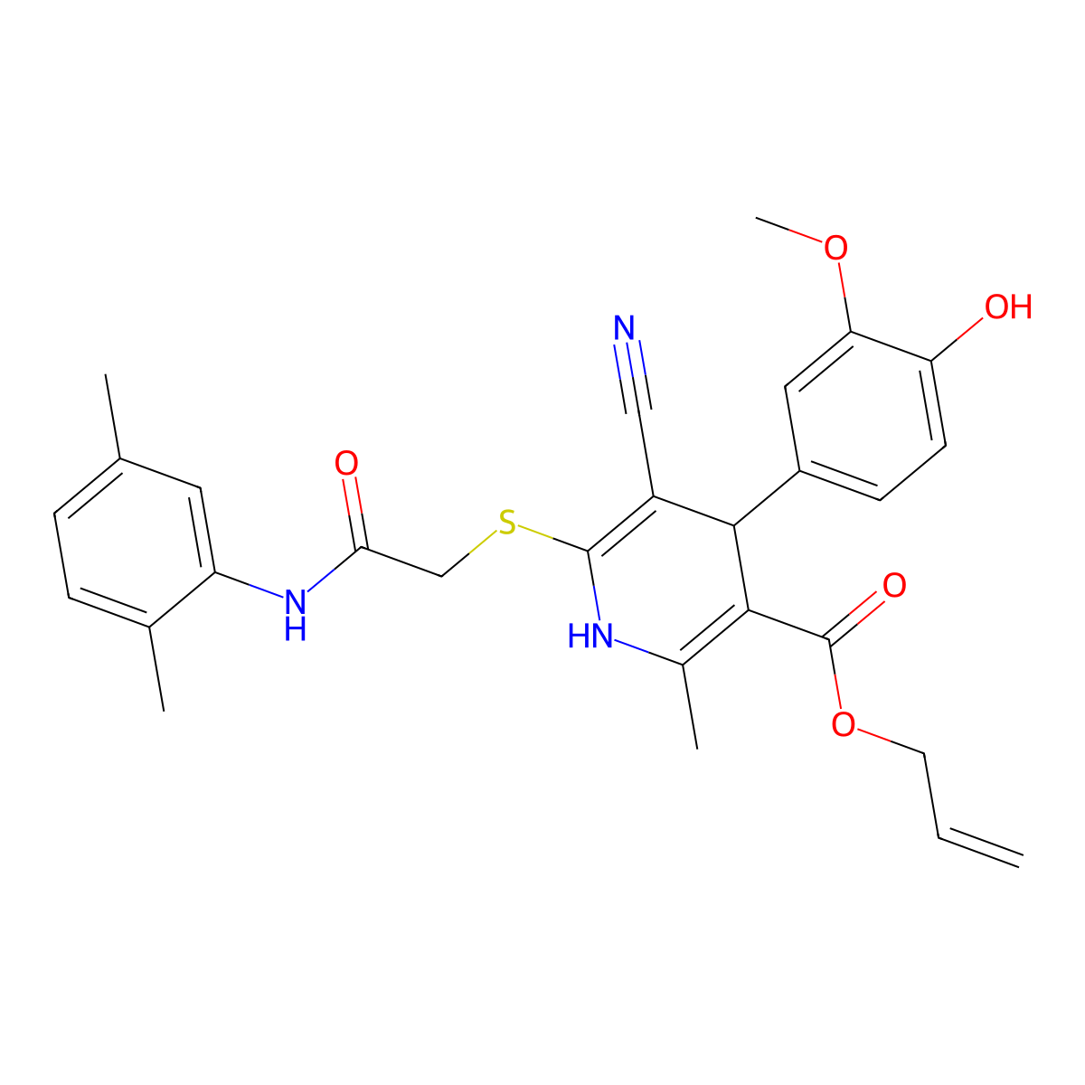 Allyl 5-cyano-6-((2-((2,5-dimethylphenyl)amino)-2-oxoethyl)thio)-4-(4-hydroxy-3-methoxyphenyl)-2-methyl-1,4-dihydropyridine-3-carboxylate molecular structure, CAS 442556-43-6
