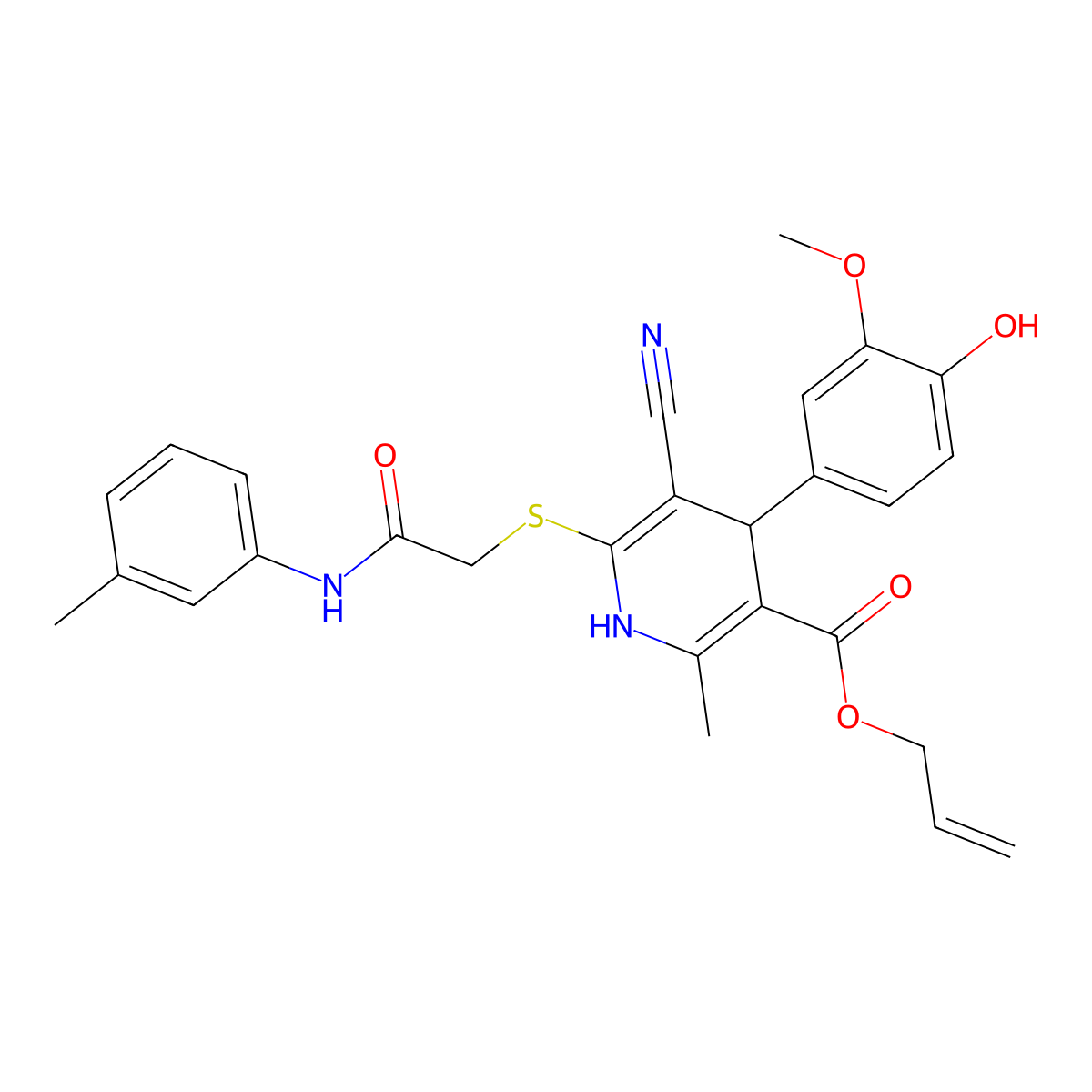 Allyl 5-cyano-4-(4-hydroxy-3-methoxyphenyl)-2-methyl-6-((2-oxo-2-(m-tolylamino)ethyl)thio)-1,4-dihydropyridine-3-carboxylate molecular structure, CAS 442556-44-7