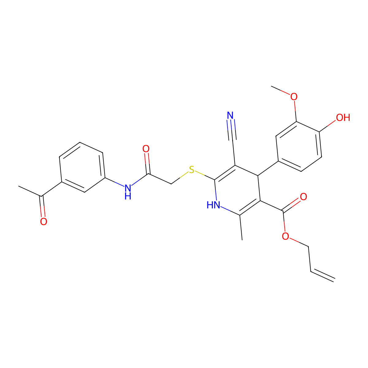 Allyl 6-((2-((3-acetylphenyl)amino)-2-oxoethyl)thio)-5-cyano-4-(4-hydroxy-3-methoxyphenyl)-2-methyl-1,4-dihydropyridine-3-carboxylate molecular structure, CAS 442556-45-8