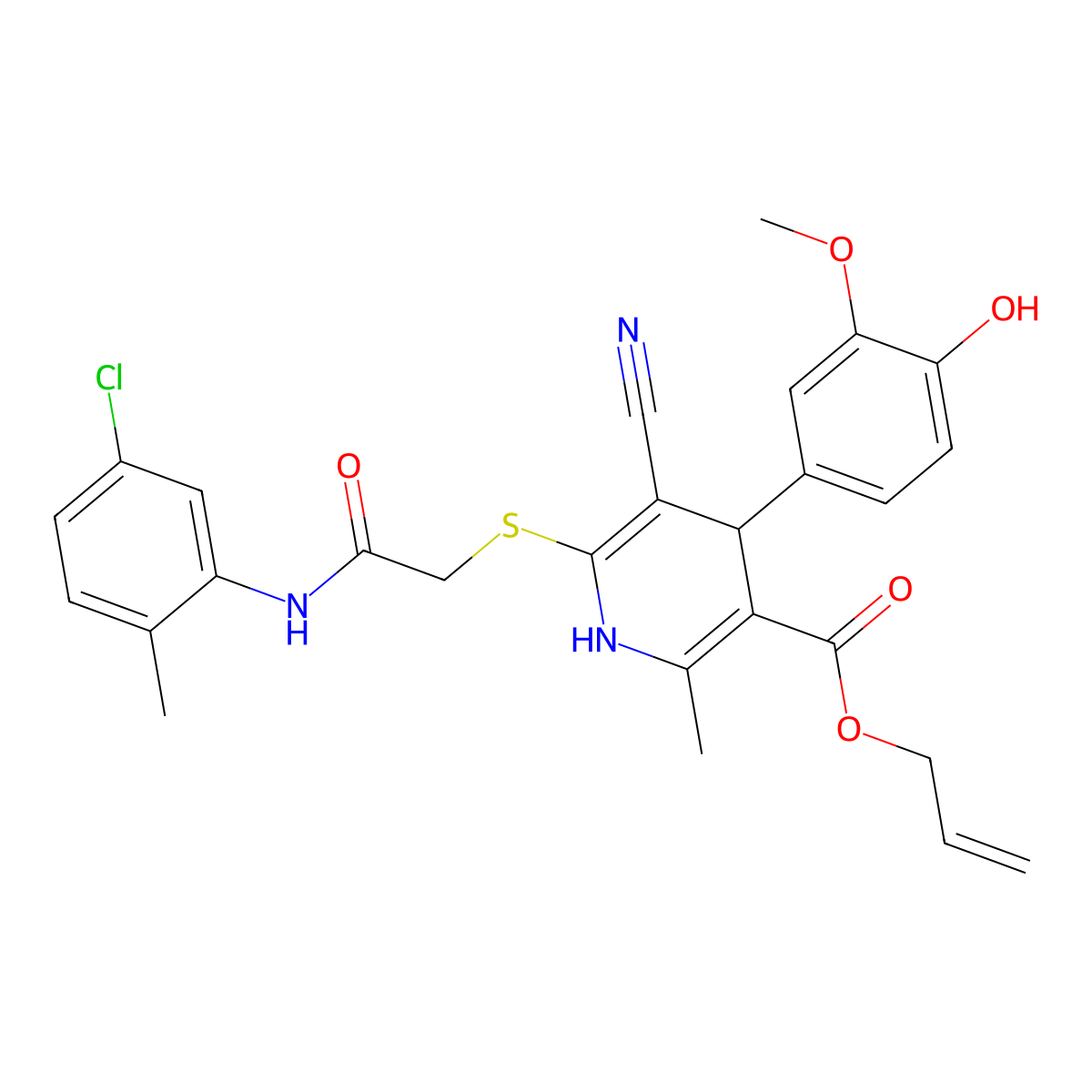 Allyl 6-((2-((5-chloro-2-methylphenyl)amino)-2-oxoethyl)thio)-5-cyano-4-(4-hydroxy-3-methoxyphenyl)-2-methyl-1,4-dihydropyridine-3-carboxylate molecular structure, CAS 442556-46-9