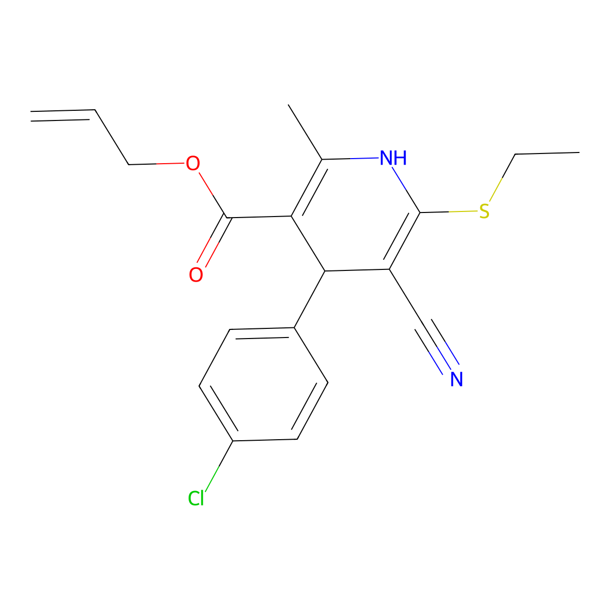 Allyl 4-(4-chlorophenyl)-5-cyano-6-(ethylthio)-2-methyl-1,4-dihydropyridine-3-carboxylate molecular structure, CAS 442556-51-6